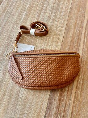 NWT Quince Italian Cognac Leather Handwoven Sling Bag Fanny Pack Purse